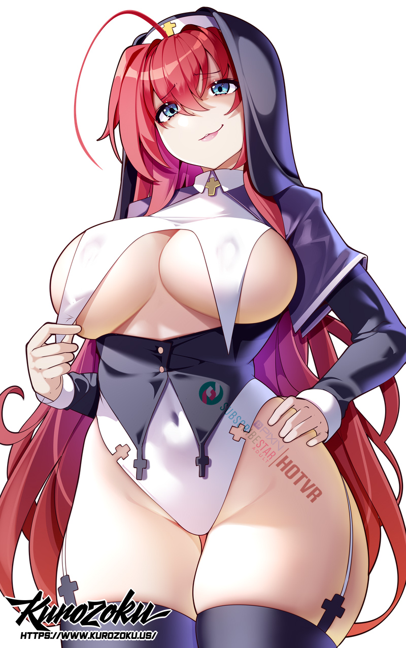 1girl ahoge black_thighhighs blue_eyes breast_curtains breasts commentary covered_erect_nipples covered_navel english_commentary hair_between_eyes hand_on_own_hip high_school_dxd highleg highres hot_vr huge_ahoge large_breasts long_hair nun red_hair rias_gremory smile solo thighhighs white_background wide_hips wimple