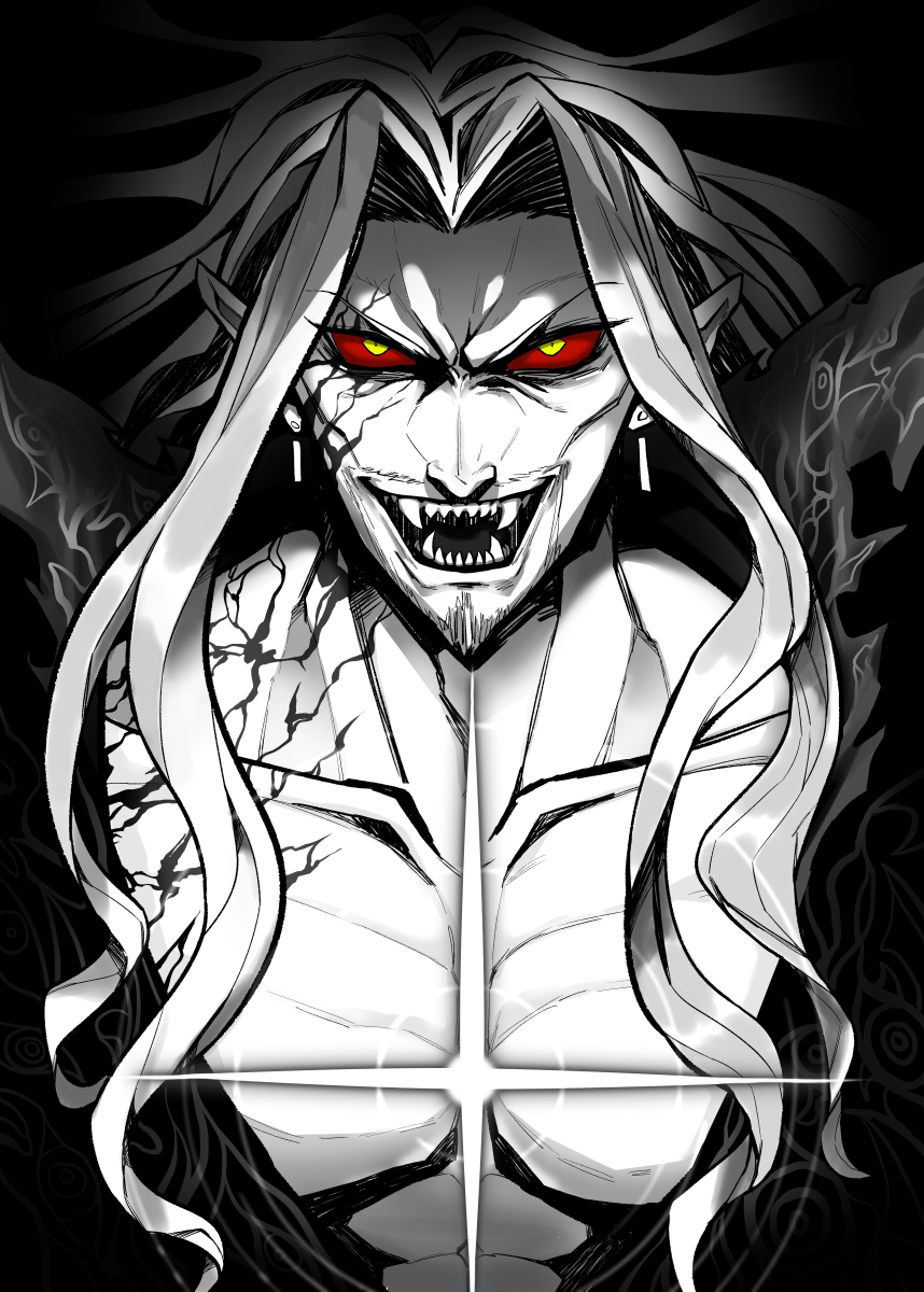 1boy anger_vein collarbone colored_sclera earrings eyelashes facial_hair fangs fate/apocrypha fate_(series) floating_earrings furrowed_brow goatee highres jewelry long_hair male_focus mature_male mustache open_mouth pectorals pochinosuke pointy_ears red_sclera sharp_teeth solo sparkle spot_color teeth vampire vlad_iii_(fate/apocrypha) yellow_eyes