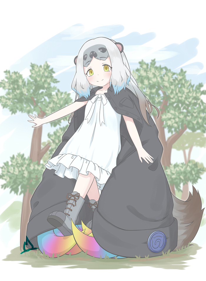 1girl animal_ears black_jacket blue_hair blush boots dress frilled_dress frills grey_boots grey_hair jacket jacket_on_shoulders japari_symbol kemono_friends long_hair looking_at_viewer megatherium_(kemono_friends) multicolored_hair onefiresticks oversized_clothes sidelocks sloth_girl smile solo tail tree white_dress yellow_eyes