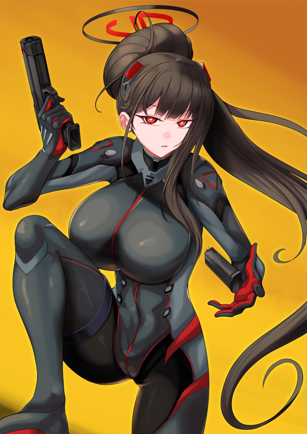 1girl black_hair blue_archive bodysuit breasts covered_navel gun halo handgun highres holding holding_gun holding_weapon large_breasts long_hair looking_at_viewer magazine_(weapon) mononoke_(pixiv53597254) ponytail red_eyes ringed_eyes rio_(blue_archive) rio_(bodysuit)_(blue_archive) solo very_long_hair weapon