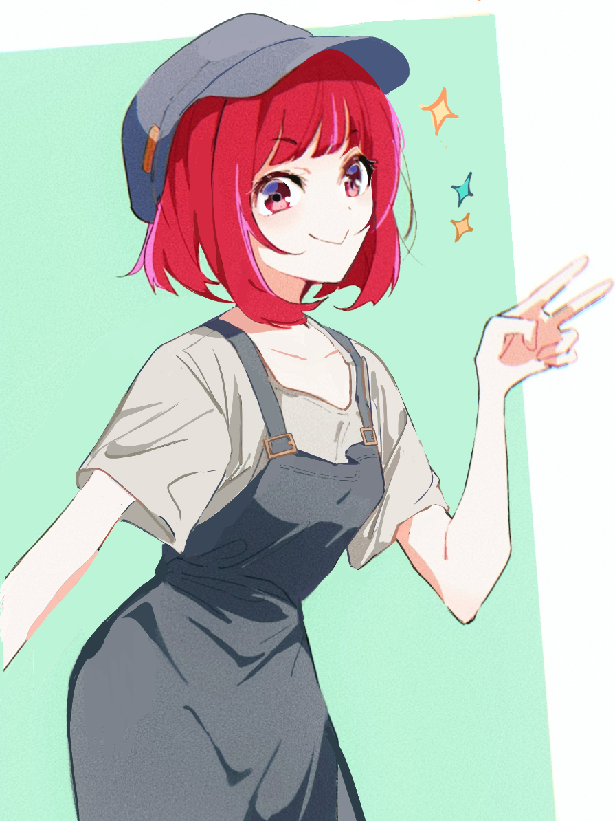 1girl apron arima_kana blue_apron blue_hat blunt_bangs bob_cut chromatic_aberration closed_mouth collarbone commentary_request cowboy_shot grey_shirt hat inverted_bob looking_at_viewer medium_hair oshi_no_ko red_eyes red_hair shirt short_sleeves smile solo sparkle v visor_cap yamabukiyuki