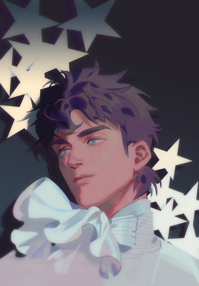 1boy ascot blue_eyes blue_hair closed_mouth commentary european_clothes handsomedao jojo_no_kimyou_na_bouken jonathan_joestar lips long_sleeves looking_to_the_side male_focus phantom_blood short_hair smile solo star_(symbol) symbol-only_commentary