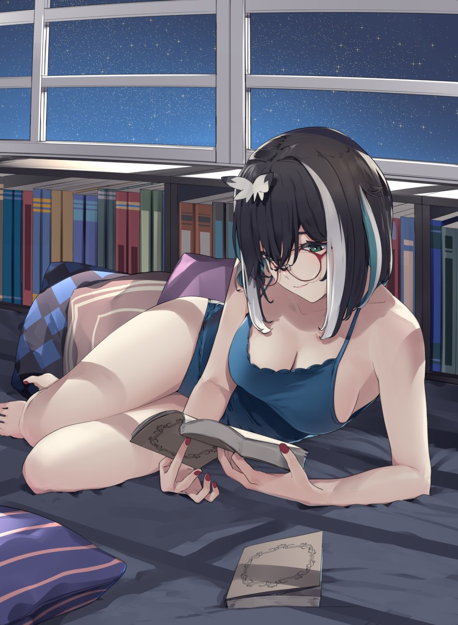 1girl alternate_costume atsushima barefoot black_hair blue_camisole blue_eyes blue_hair blue_panties blue_sky book bookshelf breasts camisole cleavage closed_mouth commentary_request fingernails full_body glasses hair_between_eyes highres indoors long_bangs lying medium_breasts multicolored_hair nanashi_inc. necktie night night_sky on_side oura_rukako panties pillow reading red-framed_eyewear red_necktie short_hair sky smile solo star_(sky) starry_sky streaked_hair underwear underwear_only virtual_youtuber white_hair window