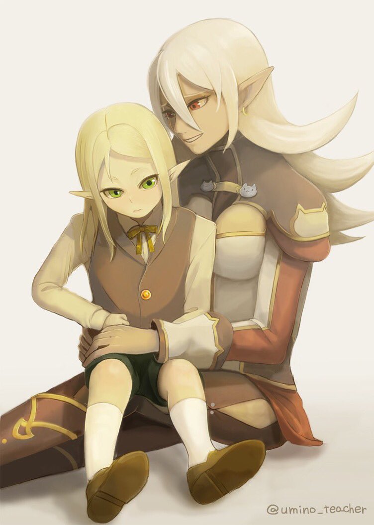 1boy 1girl blonde_hair blush child dark-skinned_female dark_elf dark_skin earrings elf erik_burton full_body green_eyes jenna_kirsty jewelry long_hair pointy_ears pop-up_story red_eyes ribbon shorts twitter_username umino_kiri vest white_background aged_down