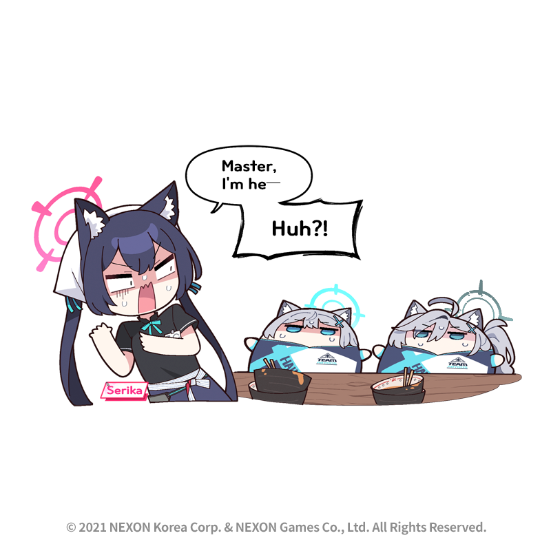3girls animal_ear_fluff animal_ears blue_archive blue_eyes blue_halo bowl character_name chibi chopsticks commentary cross_hair_ornament donmin_h english_commentary grey_hair hair_ornament hair_ribbon halo jitome long_hair multiple_girls no_mouth no_nose official_art open_mouth pink_halo ribbon serika_(blue_archive) shaded_face shiroko_(blue_archive) shiroko_(cycling)_(blue_archive) shiroko_terror_(blue_archive) shirt twintails very_long_hair wolf_ears