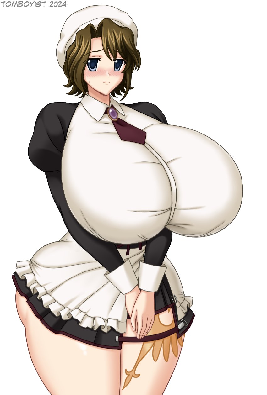07th_expansion apron ass blue_eyes breasts brown_hair highres leg_tattoo maid maid_apron shannon_(umineko) tattoo tomboyist umineko_no_naku_koro_ni