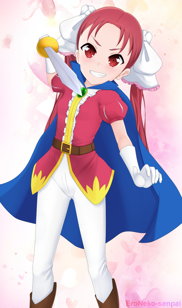 1girl accel_world alternate_costume artist_name belt boots cape commission eroneko_senpai eyebrows feet_out_of_frame gloves grin grinding_teeth hair_ribbon kouzuki_yuniko looking_at_viewer pants rapier red_eyes red_hair ribbon shirt shoes simple_background smile sword teeth watermark weapon white_gloves