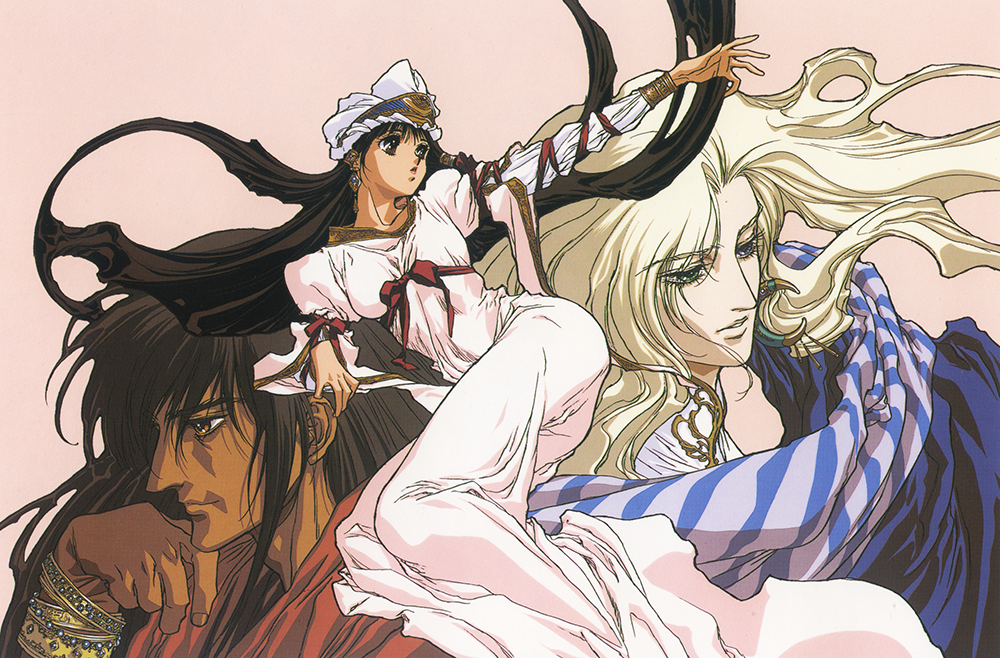 1990s_(style) 1girl 2boys blonde_hair blue_eyes boice bracelet brown_eyes brown_hair dark_skin dress earrings floating_hair green_eyes hand_on_own_chin headdress heterochromia jewelry kaze_no_tairiku long_hair long_sleeves lying multiple_boys official_art on_stomach outstretched_arm parted_lips pink_background retro_artstyle simple_background tieh twisted_torso yuuki_nobuteru