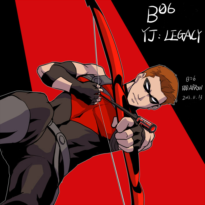 10s 1boy 2013 arrow_(projectile) bow_(weapon) character_name dc_comics domino_mask male_focus mask orange_hair red_arrow riyan roy_harper solo weapon young_justice:_invasion