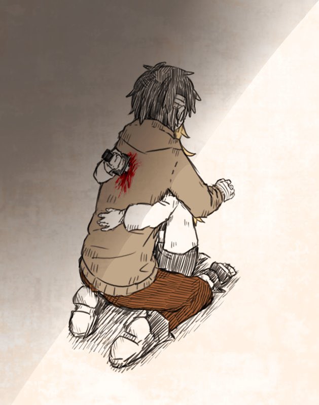 1boy 1girl backstab bandage_on_face bandaged_hand bandaged_head bandages blonde_hair boots hood hooded_jacket hug isaac_foster jacket kuiruri open_clothes open_jacket pants rachel_gardner red_pants satsuriku_no_tenshi stab white_jacket