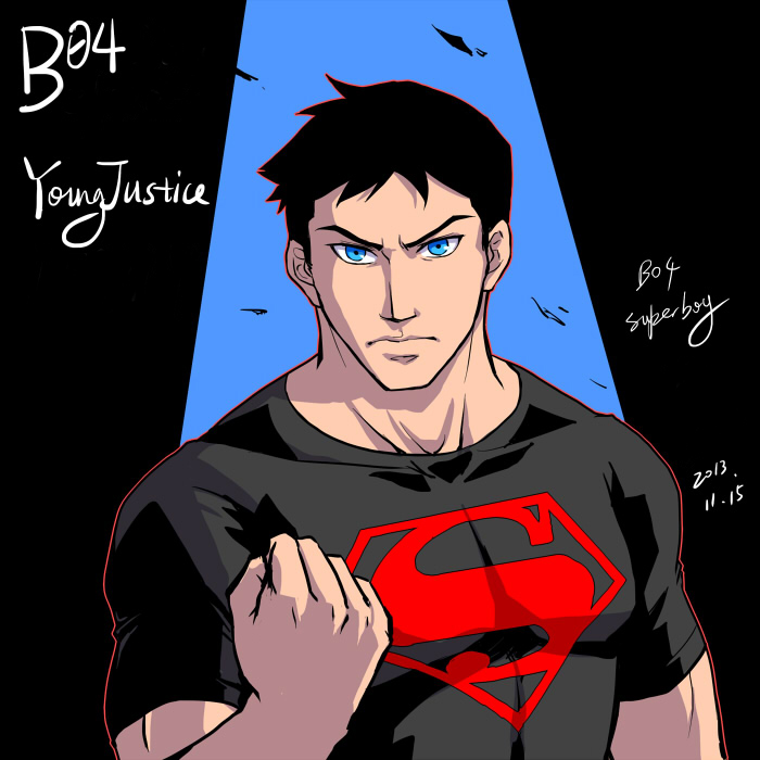 10s 1boy 2013 blue_eyes character_name clenched_hand dc_comics male_focus riyan s_shield shirt solo superboy t-shirt young_justice:_invasion