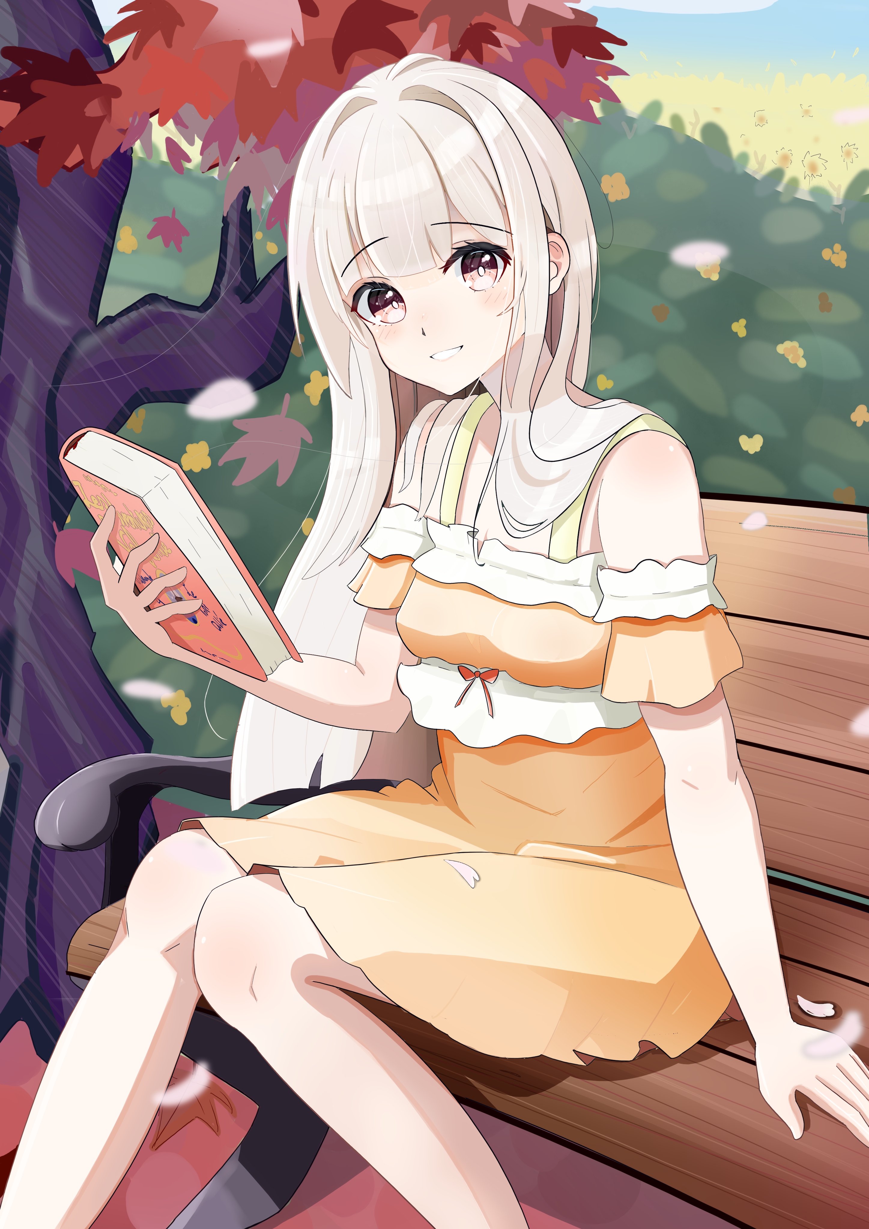 1girl absurdres bench book cherry_blossoms clanel_de_wargham dress flower frills highres holding holding_book light_smile long_hair looking_at_viewer maple_tree non-web_source on_bench orange_dress orange_eyes original osmanthus red_ribbon ribbon sitting solo sunflower tree white_hair