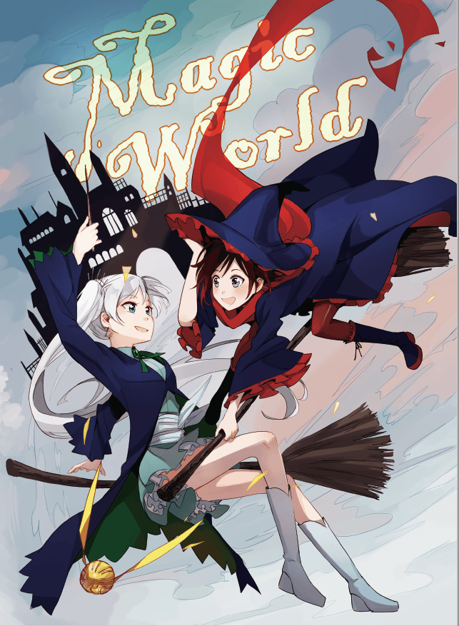 2girls black_hair blue_coat blue_eyes broom broom_riding coat english_text grey_eyes hat kuma_(bloodycolor) long_hair looking_at_another multiple_girls open_mouth red_scarf ruby_rose rwby scarf wand weiss_schnee white_hair witch_hat