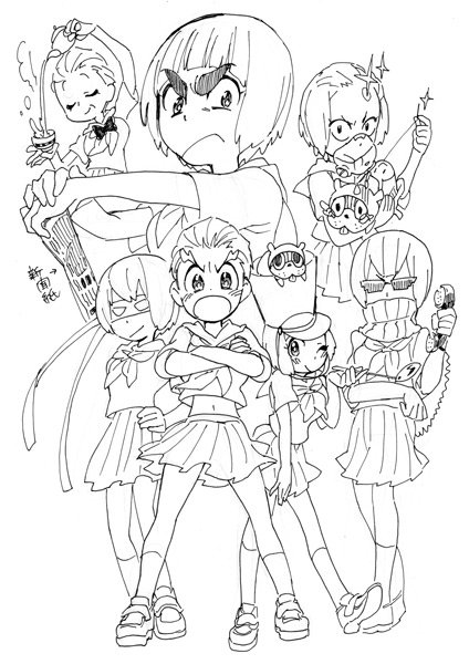 10s blindfold cosplay crossed_arms cup gamagoori_ira gamagoori_ira_(cosplay) glasses greyscale guts_(kill_la_kill) hat inumuta_houka inumuta_houka_(cosplay) iori_shirou iori_shirou_(cosplay) jakuzure_nonon jakuzure_nonon_(cosplay) kazaya kill_la_kill kiryuuin_satsuki kiryuuin_satsuki_(cosplay) mankanshoku_mako monochrome multiple_persona sanageyama_uzu sanageyama_uzu_(cosplay) scarf school_uniform serafuku sewing shako_cap sketch soroi_mitsuzou soroi_mitsuzou_(cosplay) teacup thick_eyebrows