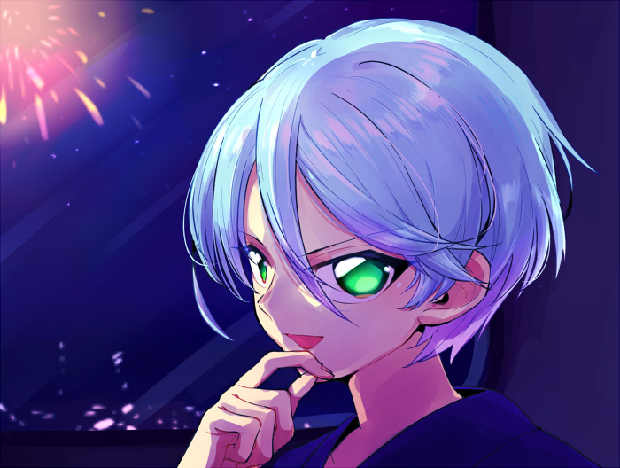 1girl androgynous blue_kimono city_lights fireworks green_eyes hair_between_eyes japanese_clothes kimono looking_at_viewer open_mouth pretty_series pripara shikyoin_hibiki short_hair solo star_(sky) thinking white_hair window xxogorexx