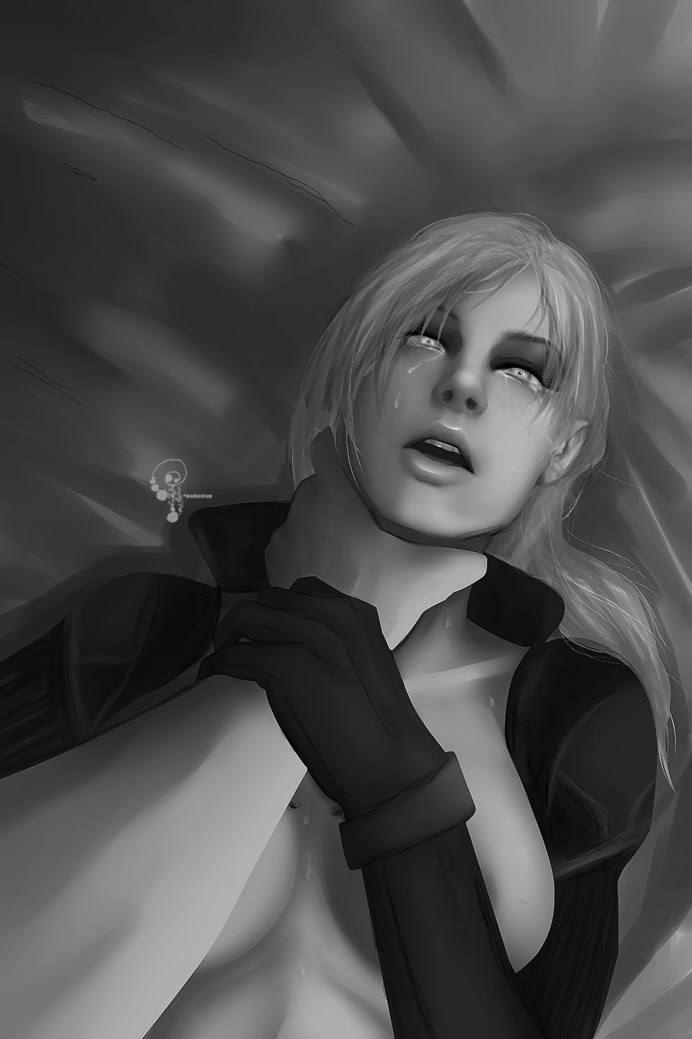 1boy 1girl albert_wesker asphyxiation boy_on_top breasts domination gloves greyscale hetero highres jacket jill_valentine kinky madbedlam messy_ponytail monochrome open_clothes open_jacket open_mouth ponytail resident_evil resident_evil_5 sex strangling tears