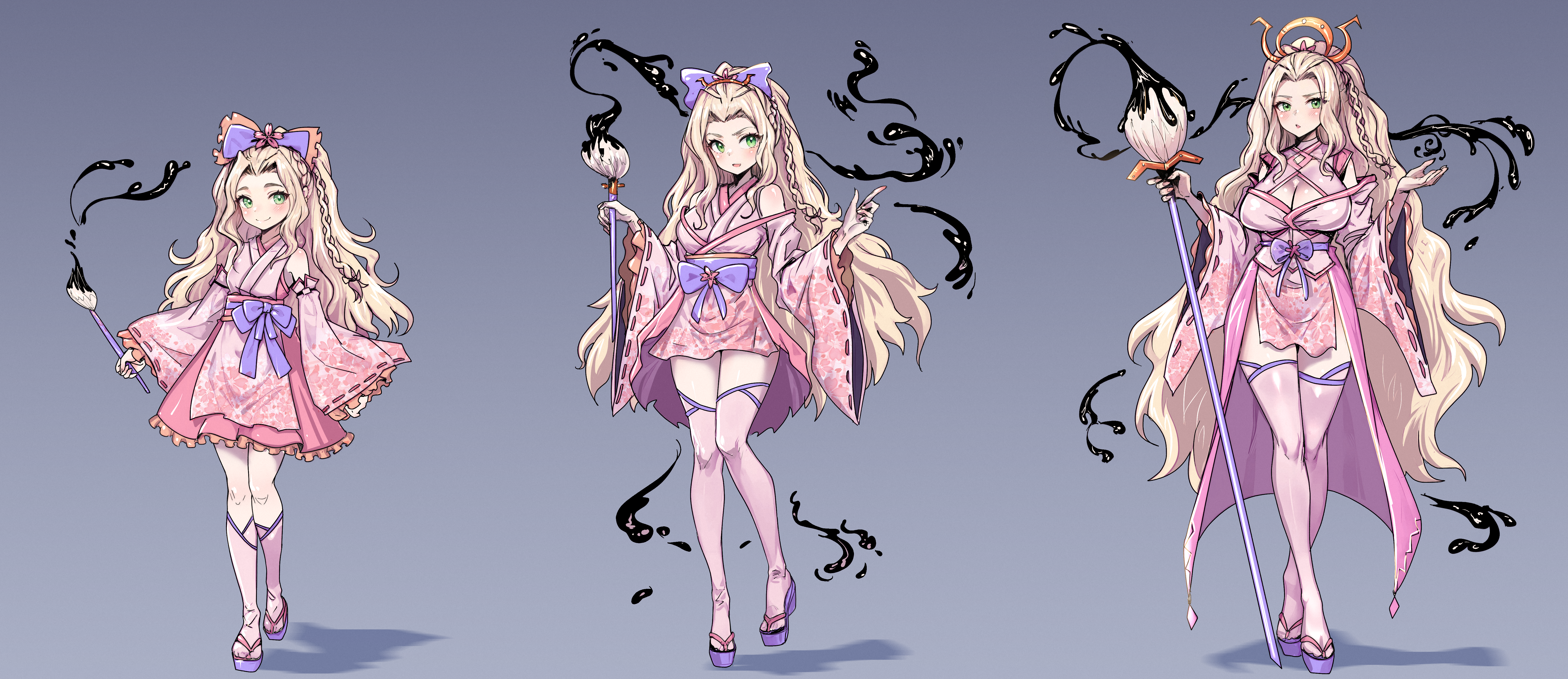 1girl absurdres age_progression blush bow braid breasts cleavage commentary commission crossed_legs dress english_commentary flat_chest green_eyes hair_behind_ear hair_bow headdress highres holding holding_paintbrush holding_staff large_breasts long_hair looking_at_viewer medium_breasts opcrom open_mouth original paintbrush pink_dress pink_thighhighs platform_footwear pointing purple_bow purple_footwear smile smug staff thighhighs v-shaped_eyebrows very_long_hair