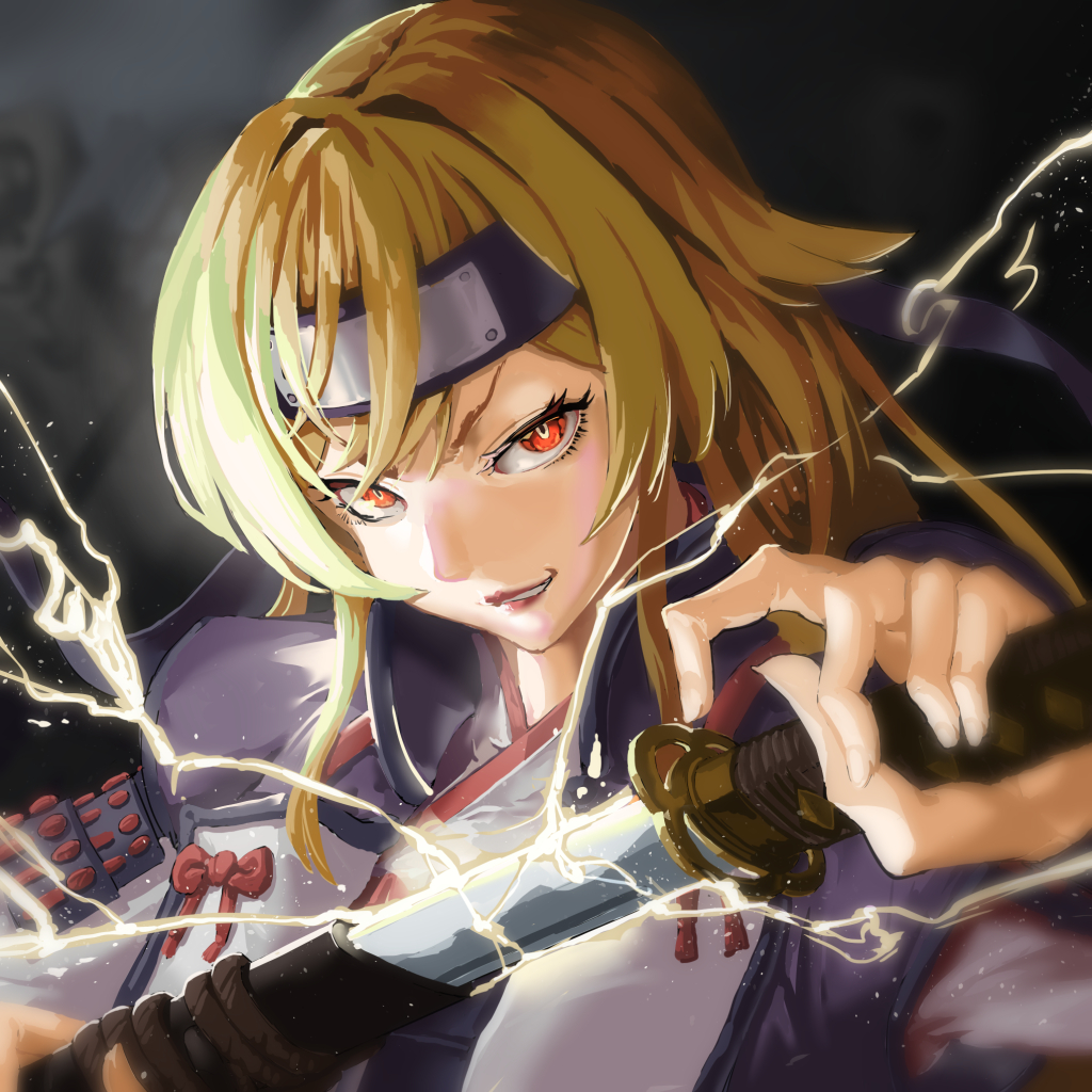 1girl alternate_costume armor blonde_hair bow commentary_request dark_background edamamebatake electricity eyelashes furen_e_lustario grin haori head_down headband holding holding_scabbard holding_sword holding_weapon japanese_armor japanese_clothes jinbaori katana light_particles long_hair looking_at_viewer magic nijisanji nobunaga_no_yabou orange_eyes purple_haori purple_headband red_bow red_lips samurai scabbard sheath shoulder_armor smile smirk sode solo sword unsheathing upper_body virtual_youtuber weapon