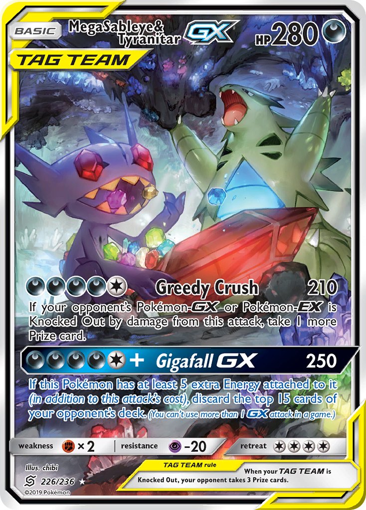 arms_up artist_name card_(medium) cave_interior character_name chibi_(shimon) claws company_name copyright_name copyright_notice crystal eating english_text fangs game_freak gem gem_eyes gen_2_pokemon gen_3_pokemon mega_pokemon mega_sableye nintendo no_humans official_art open_mouth pokemon pokemon_(creature) pokemon_card pokemon_focus pokemon_tcg red_gemstone sableye sharp_teeth sitting teeth third-party_source trading_card tyranitar yellow_teeth