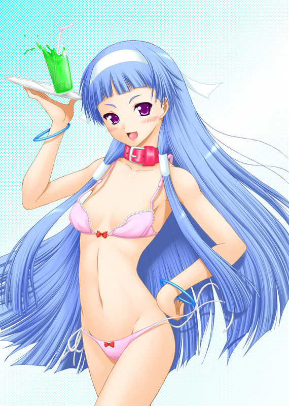 1girl :d akanako blue_eyes blue_hair bow bow_panties bra collar drink female_focus groin hair_tubes hand_on_own_hip headband kannagi lingerie long_hair matching_hair/eyes nagi navel open_mouth panties purple_eyes side-tie_panties smile solo tray underwear underwear_only untied very_long_hair wardrobe_malfunction