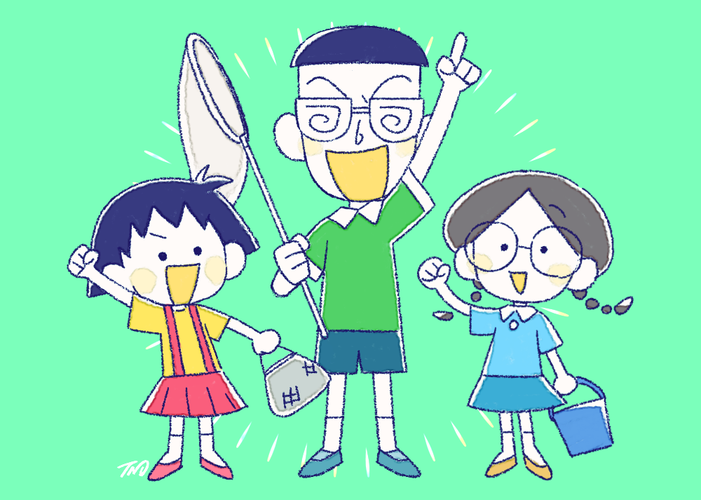 1boy 2girls arm_up black_hair blue_footwear blue_shirt blush_stickers bowl_cut braid brown_footwear bucket butterfly_net chibi_maruko-chan coke-bottle_glasses glasses green_background green_shirt hand_net holding holding_bucket holding_butterfly_net honami_tamae multiple_girls open_mouth pleated_skirt pointing pointing_up red_footwear red_skirt round_eyewear sakura_momoko shirt short_sleeves skirt socks solid_circle_eyes sueo_maruo suspender_skirt suspenders tsunoji twin_braids white_socks yellow_shirt