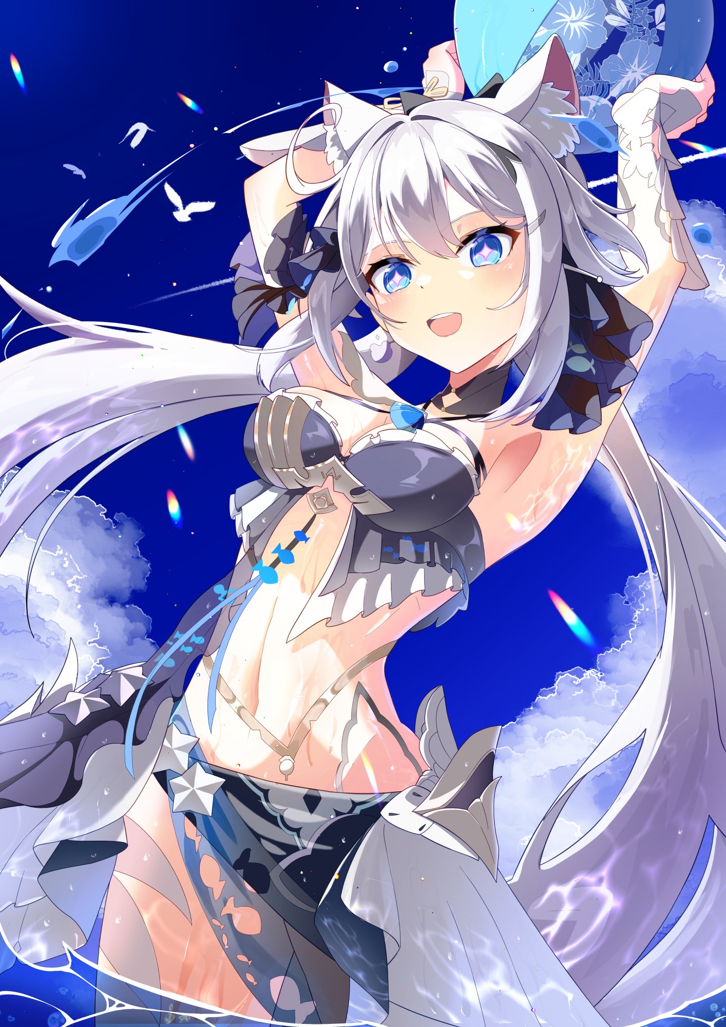 1girl ahoge animal_ear_fluff animal_ears armpits arms_up ball bird blue_eyes blue_sky breasts cat_ears cloud cloudy_sky eight_(eight3rd1) highres holding holding_ball honkai_(series) honkai_impact_3rd in_water kiana_kaslana kiana_kaslana_(herrscher_of_finality) long_hair looking_at_viewer medium_breasts navel official_art open_mouth outdoors sky solo standing star-shaped_pupils star_(symbol) summer symbol-shaped_pupils teeth upper_body upper_teeth_only very_long_hair white_bird white_hair