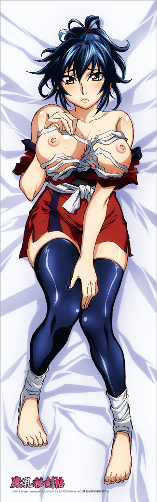 1girl bare_shoulders barefoot black_thighhighs blue_eyes breasts dakimakura_(medium) feet hands_on_own_breasts japanese_clothes large_breasts manyuu_chifusa manyuu_hikenchou nipples sarashi sweat tagme thighhighs thighs yellow_eyes
