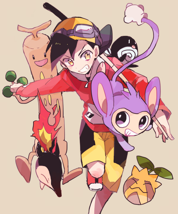 1boy aipom backwards_hat cue_stick cyndaquil ethan_(pokemon) gen_1_pokemon gen_2_pokemon goggles goggles_on_head grey_background hat jacket nintendo pokemon pokemon_(creature) pokemon_adventures poliwag red_jacket running shorts smcms-m sudowoodo sunkern yellow_eyes yellow_shorts
