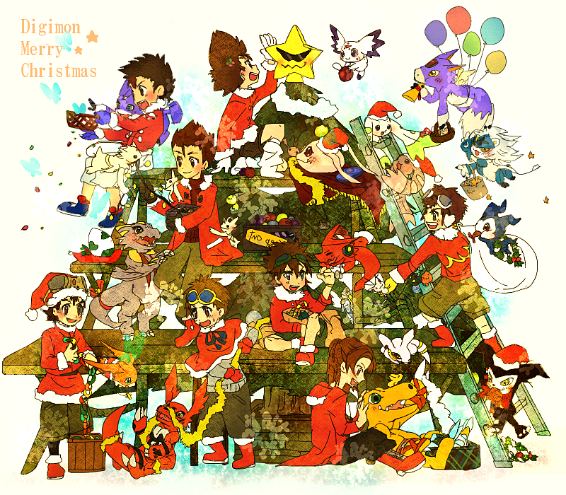 agumon agumon_(digimon_savers) akashi_tagiru akiyama_ryo chibimon christmas culumon daimon_masaru_(digimon_savers) digignome digimon digimon_adventure digimon_adventure_02 digimon_frontier digimon_savers digimon_tamers digimon_xros_wars digimon_xros_wars:_toki_wo_kakeru_shounen_hunter-tachi digital_hazard dorumon guilmon gumdramon happy hat impmon kanbara_takuya koromon kudamon_(digimon_savers) kudou_taiki lopmon matsuda_takato monodramon motomiya_daisuke shoutmon smile spadamon star_(symbol) starmon_(digimon_xros_wars) tail terriermon yagami_taichi