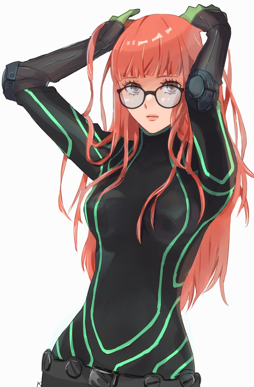 1girl arms_up black_bodysuit blunt_bangs bodysuit elbow_gloves elbow_pads glasses gloves green_gloves highres holding holding_own_hair long_hair messy_hair nonota_(takerunoheya) oracle_(persona_5) orange_hair persona persona_5 playing_with_own_hair revision sakura_futaba skin_tight solo_focus