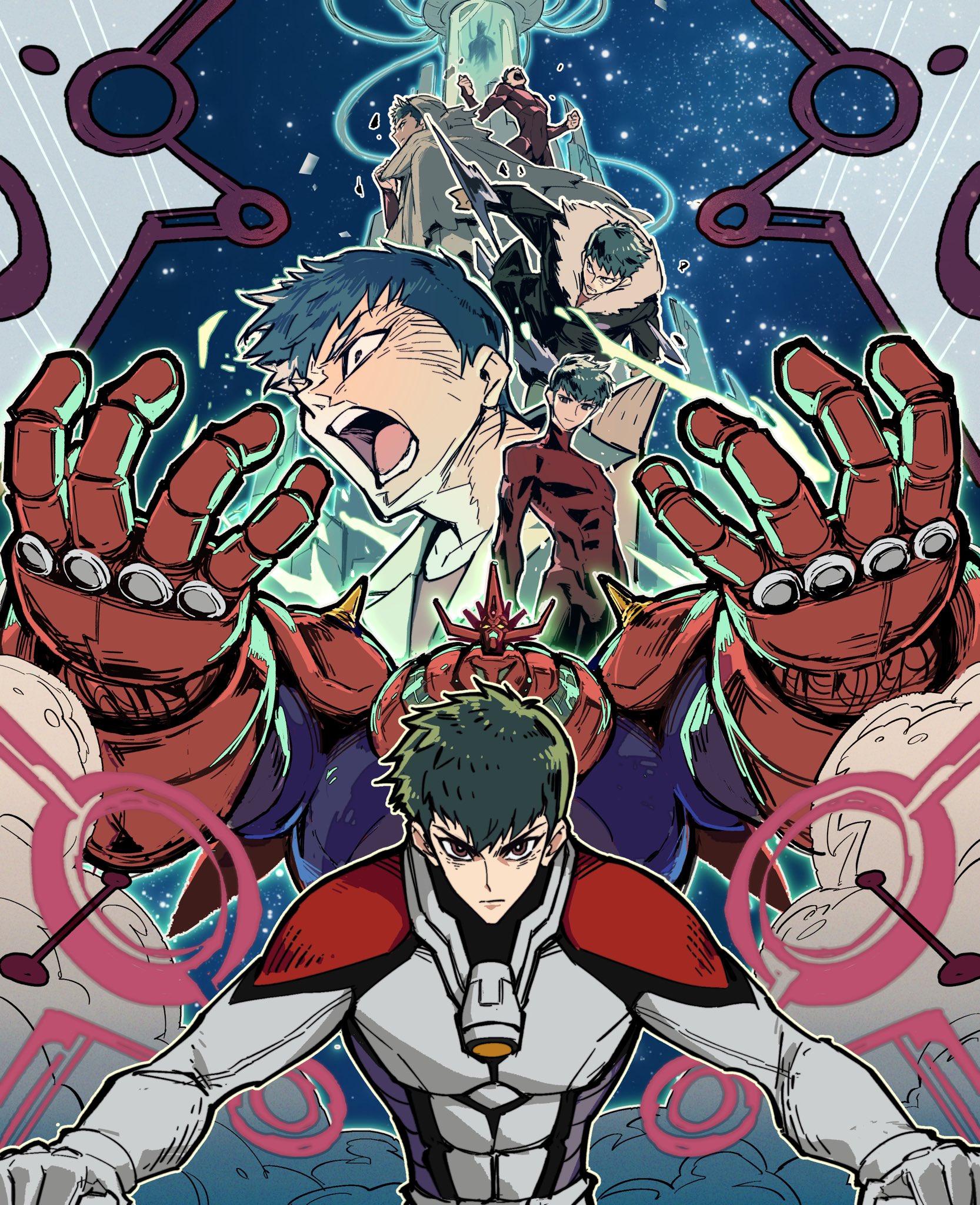 1boy 1other armor black_jacket blue_armor bodysuit brown_cloak cloak cloud facing_viewer fur_collar getter_dragon getter_rays getter_robo glowing glowing_eyes gou_saotome green_light hanahiyo_(hoimin) highres hood hooded_cloak horns jacket light_frown light_particles light_smile male_focus mecha multicolored_bodysuit open_mouth outline pilot_suit red_armor red_bodysuit red_eyes reflective_surface robot science_fiction scowl shin_getter_robo shoulder_spikes shouting sky smoke solo_focus space spikes star_(sky) starry_sky super_robot torn_cloak torn_clothes tube white_bodysuit white_outline wire yellow_eyes