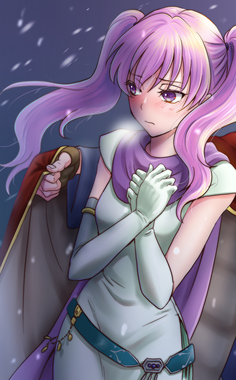 1boy 1girl blush brown_gloves cape closed_mouth dress elbow_gloves erk_(fire_emblem) fingerless_gloves fire_emblem fire_emblem:_the_blazing_blade gloves highres long_hair looking_to_the_side nintendo out_of_frame pink_eyes pink_hair purple_scarf scarf serra_(fire_emblem) snow twintails umehime white_dress white_gloves