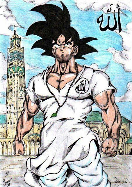 1boy al-masjid_al-nabawi artist_name biceps black_hair blue_sky cowboy_shot dragon_ball dragonball_z facial_hair islam jewelry muscular muscular_male necklace outdoors robe samir34 shalwar_kameez signature sky solo son_goku standing stubble traditional_media white_robe