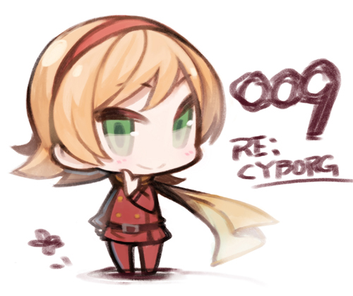 009_re:cyborg 10s 1girl brown_hair chibi copyright_name cyborg_009 female_focus francoise_arnoul green_eyes hairband lowres minoa_(lastswallow) scarf solo