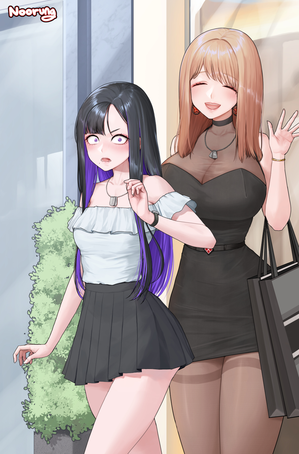 2girls bag bare_shoulders belt black_hair blunt_bangs blush bracelet breasts brown_hair brown_pantyhose cleavage dog_tags dress earrings emma_(nikke) eunhwa_(nikke) goddess_of_victory:_nikke highres jewelry large_breasts looking_at_viewer multiple_girls noorung off-shoulder_shirt off_shoulder open_mouth pantyhose pleated_skirt purple_eyes purple_hair shirt skirt sleeveless sleeveless_dress small_breasts thighband_pantyhose