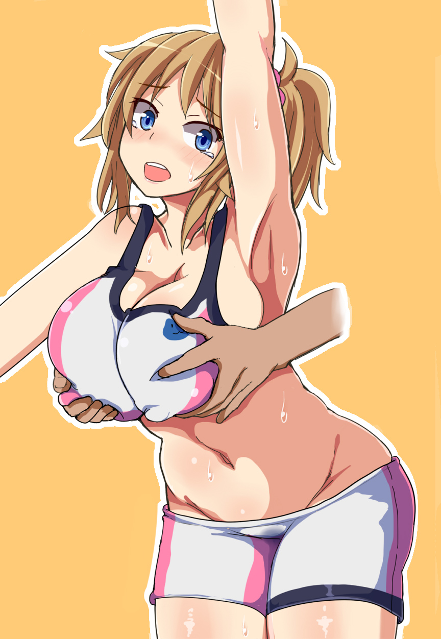 10s 1girl arm_up armpits blue_eyes breasts brown_hair comord covered_erect_nipples grabbing_another&#039;s_breast grabbing_from_behind groin groping gundam gundam_build_fighters gundam_build_fighters_try highres hoshino_fumina huge_breasts male_hand midriff navel no_panties open_mouth ponytail shorts simple_background solo_focus standing sweat tank_top tears