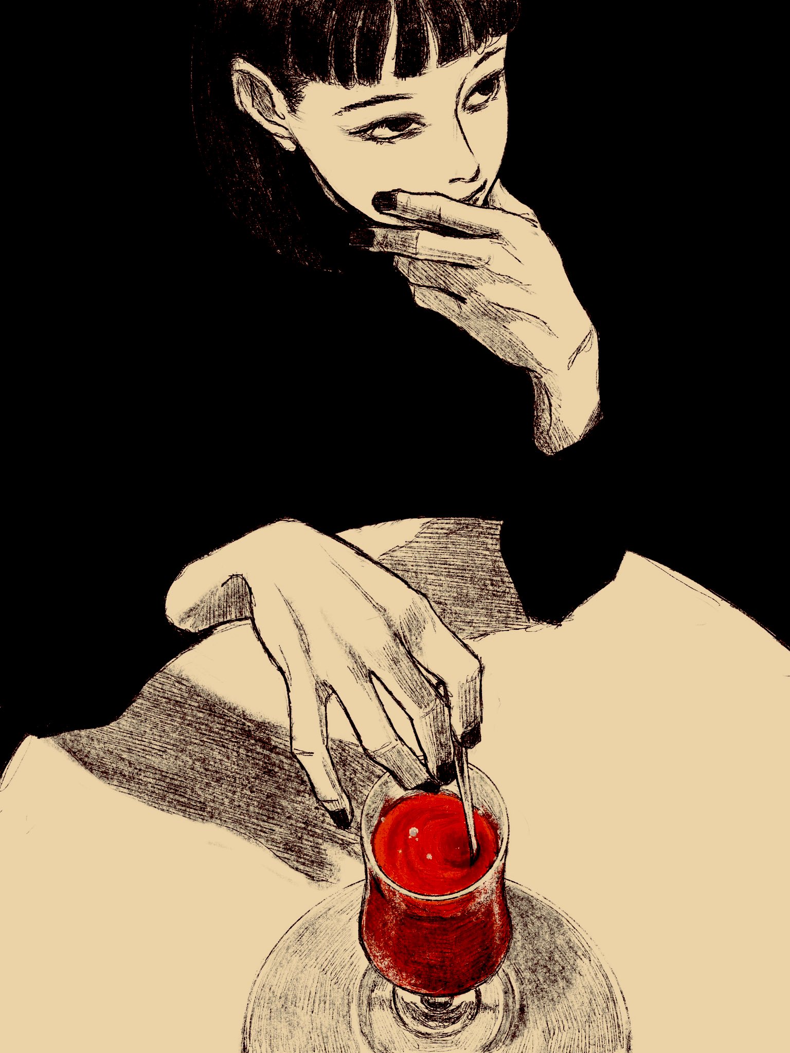 1girl blending cup elbows_on_table glass hand_on_own_face highres holding holding_spoon long_sleeves nail_polish original plate solo spoon spot_color stirring table tp_p_pt