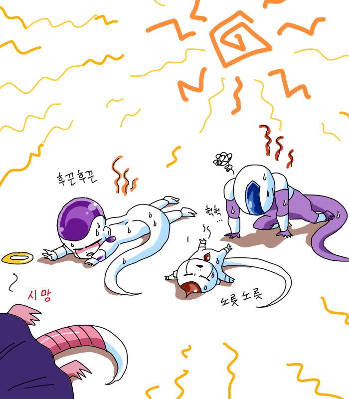 1990s_(style) 4boys alien armor cape cooler_(dragon_ball) dragon_ball dragonball_z frieza king_cold kuriza male_focus multiple_boys muscular sun sweat tail translation_request
