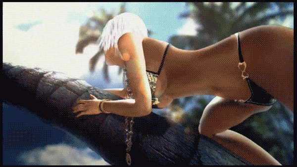 1girl animated animated_gif ass bikini bouncing_breasts breasts christie_(doa) cleavage climbing climbing_tree dead_or_alive dead_or_alive_xtreme_2 female_focus hanging_breasts jewelry large_breasts legs navel necklace sideboob solo swimsuit tecmo thong underboob