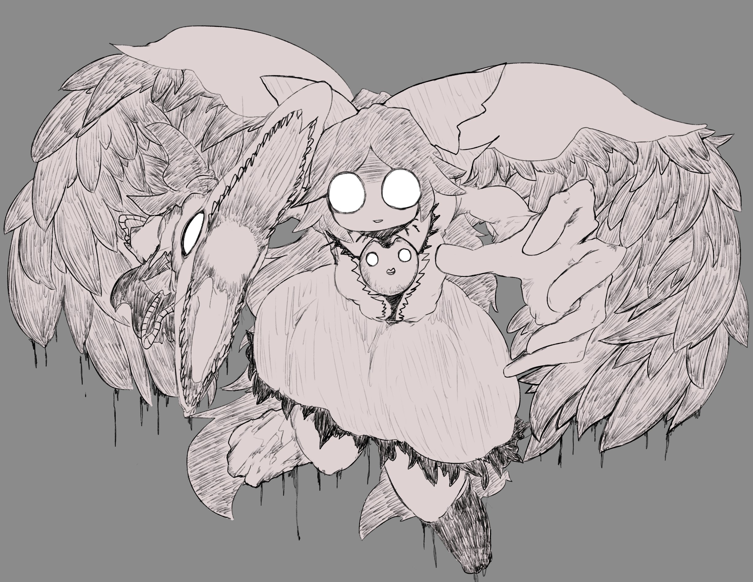1girl anoponp cape cookie_(touhou) feathered_wings flying full_body greyscale hide_(acceed) highres japhet long_hair looking_at_viewer manatsu_no_yo_no_inmu monochrome nadeko_(cookie) o_o off_(game) offside:_diyusi open_mouth reiuji_utsuho shirt simple_background skirt smile solo touhou wings