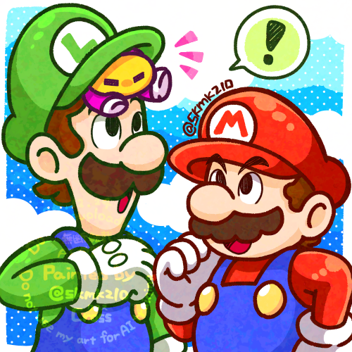 ! 3boys artist_name blue_overalls brothers brown_hair cloud cloudy_sky colored_skin facial_hair gloves green_hat green_shirt hat long_sleeves looking_up lowres luigi male_focus mario mario_&amp;_luigi:_brothership mario_&amp;_luigi_rpg mario_(series) multiple_boys mustache nintendo open_mouth overalls pink_skin red_hat red_shirt resting shirt short_hair siblings skmkz10 sky snoutlet_(mario) white_gloves