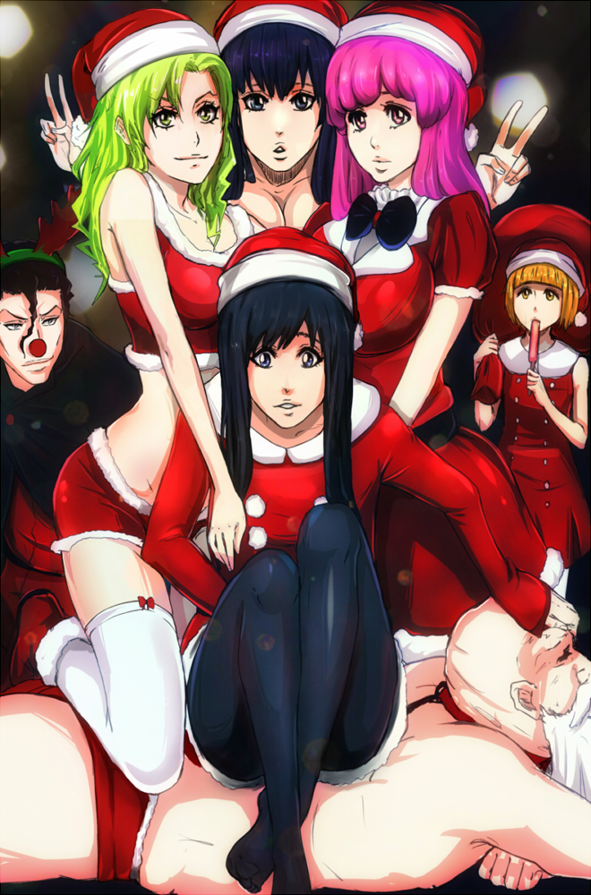 2boys 5girls androgynous antlers askin_nakk_le_vaar bambietta_basterbine black_hair black_leggings bleach blonde_hair breasts candice_catnipp christmas cleavage crossdressing crossed_legs feet femdom food giselle_gewelle green_eyes green_hair hat horns huge_breasts knees large_breasts leggings legs liltotto_lamperd long_legs looking_at_viewer meninas_mcallon multiple_boys multiple_girls no_shoes pantyhose pink_eyes popsicle purple_hair quincy_(bleach) red_nose reindeer_antlers sack santa_claus santa_costume santa_hat small_breasts smile thighs trap yellow_eyes