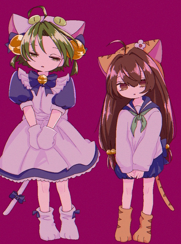 2girls ahoge animal_hat brown_eyes brown_hair cat_hat cat_tail dejiko di_gi_charat dress eyelashes green_hair green_neckerchief hat long_hair mi_oxo_9m mittens multiple_girls neckerchief parted_lips puchiko puffy_short_sleeves puffy_sleeves shirt short_sleeves simple_background tail very_long_hair white_mittens white_shirt