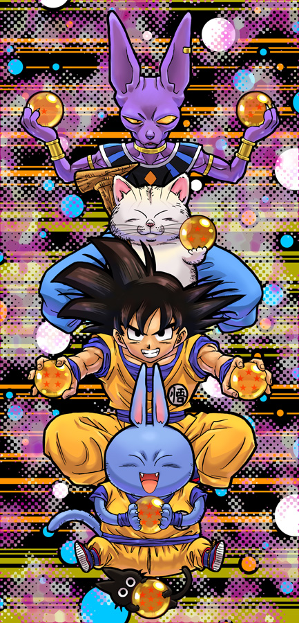 4boys animal bare_arms beerus black_cat black_eyes black_hair blue_pants boots bracelet cat character_request dougi dragon_ball dragon_ball_(object) dragonball_z closed_eyes fingernails full_body grin holding jewelry karin_(dragon_ball) looking_at_viewer male_focus multicolored_background multiple_boys muscular necklace neko_majin_(series) open_mouth outstretched_arms pants serious short_hair smile son_goku spiked_hair staff stargeyser tail tama_(dragon_ball) teeth whiskers white_cat wristband