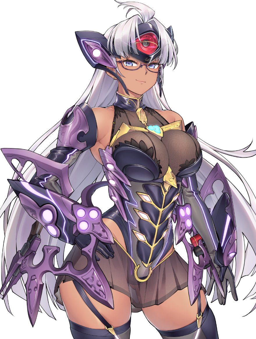 1girl android bare_shoulders blue_eyes breasts chest_jewel cleavage dark-skinned_female dark_skin elbow_gloves forehead_protector ge-b glasses gloves large_breasts long_hair looking_at_viewer simple_background smile solo t-elos t-elos_re: thighhighs very_long_hair xenoblade_chronicles_(series) xenoblade_chronicles_2 xenosaga