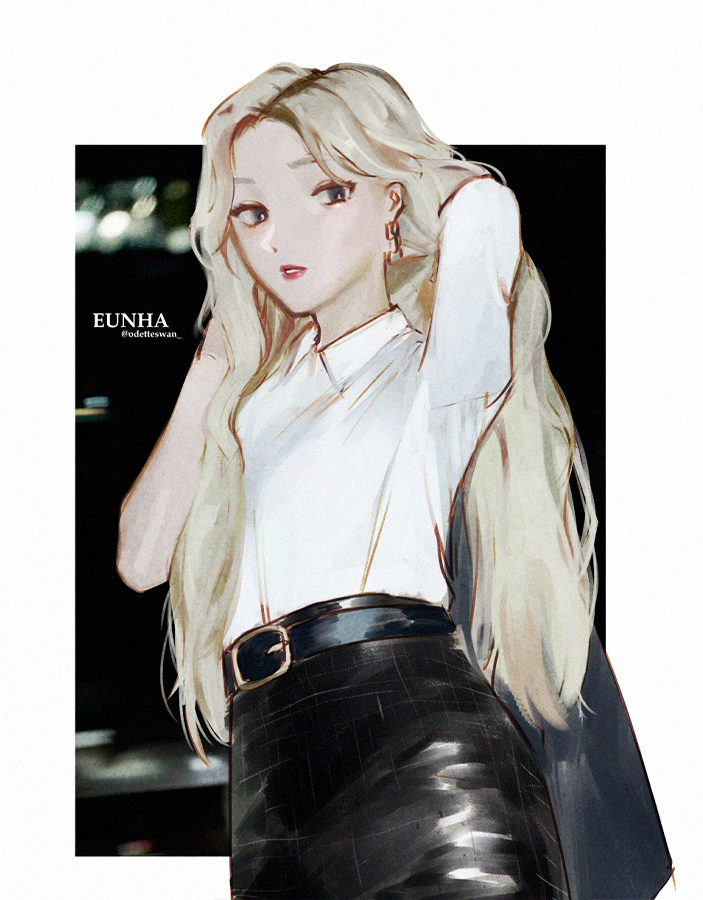 1girl adirosa artist_name_(singer) belt black_skirt blonde_hair border collared_shirt commentary cowboy_shot dutch_angle earrings eunha_(gfriend) gfriend hand_in_own_hair hashtag-only_commentary jewelry k-pop looking_at_viewer parted_lips real_life red_lips shirt shirt_tucked_in skirt solo symbol-only_commentary twitter_username white_border white_shirt