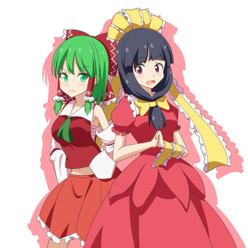 &gt;:( 2girls alternate_hairstyle ascot black_hair bow cato_(monocatienus) color_switch cosplay costume_switch detached_sleeves front_ponytail frown green_ascot green_eyes green_hair hair_bow hair_ribbon hair_tubes hairstyle_switch hakurei_reimu hakurei_reimu_(cosplay) hands_in_opposite_sleeves hands_on_own_hips kagiyama_hina kagiyama_hina_(cosplay) looking_at_viewer multiple_girls open_mouth own_hands_clasped own_hands_together puffy_short_sleeves puffy_sleeves red_eyes ribbon sarashi shadow short_sleeves simple_background skirt skirt_set touhou v-shaped_eyebrows white_background wrist_ribbon