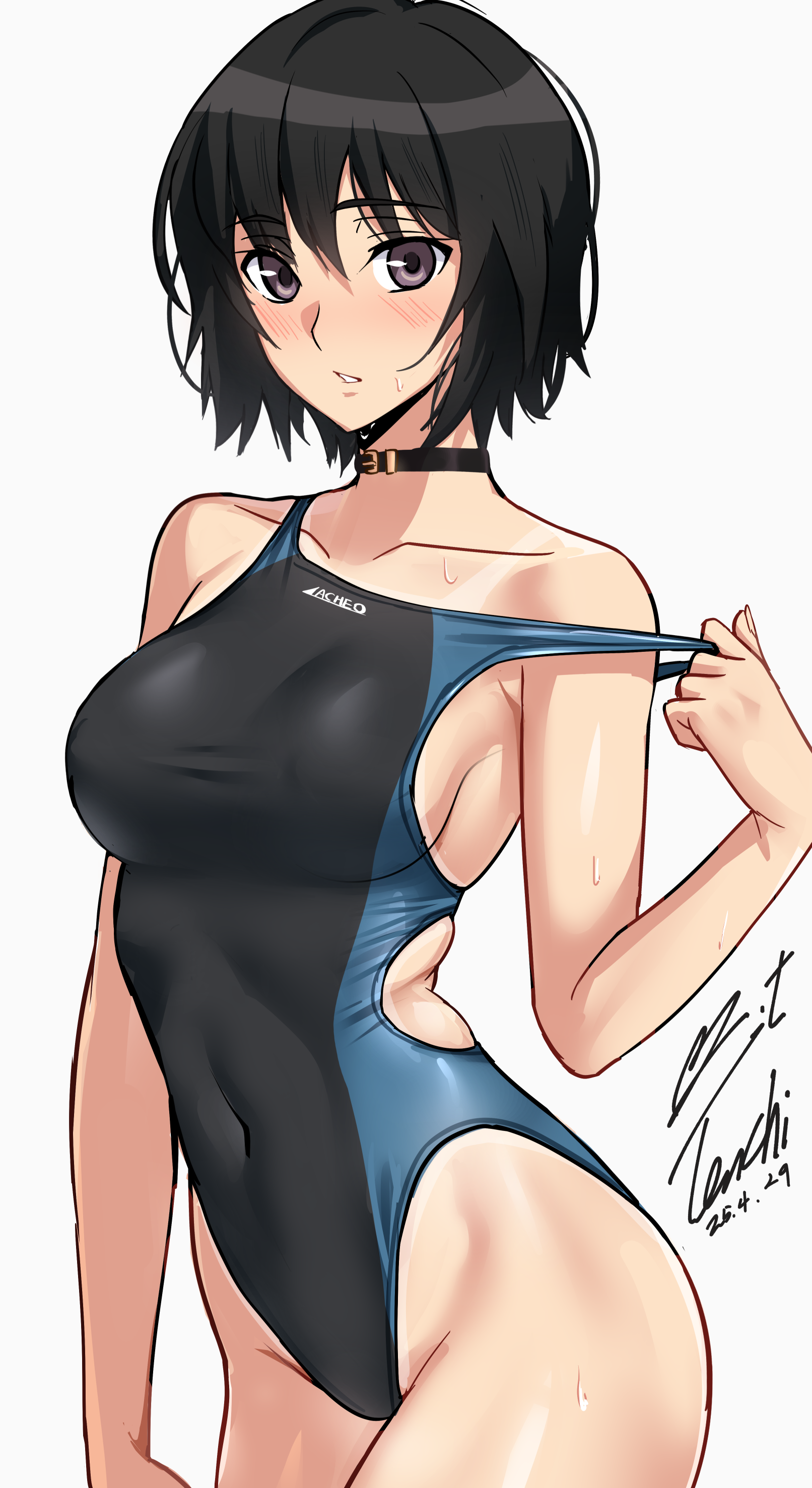 1girl absurdres amagami bare_arms bare_shoulders belt belt_collar black_belt black_eyes black_hair black_one-piece_swimsuit blue_one-piece_swimsuit blush breasts clothes_pull collar commentary competition_swimsuit covered_navel cowboy_shot dated hair_between_eyes highleg highleg_one-piece_swimsuit highres large_breasts looking_at_viewer nanasaki_ai one-piece_swimsuit one-piece_swimsuit_pull one-piece_tan parted_lips pulling_own_clothes shiny_skin short_hair signature simple_background solo standing sweat swimsuit tan tanline teeth two-tone_one-piece_swimsuit white_background yoo_tenchi