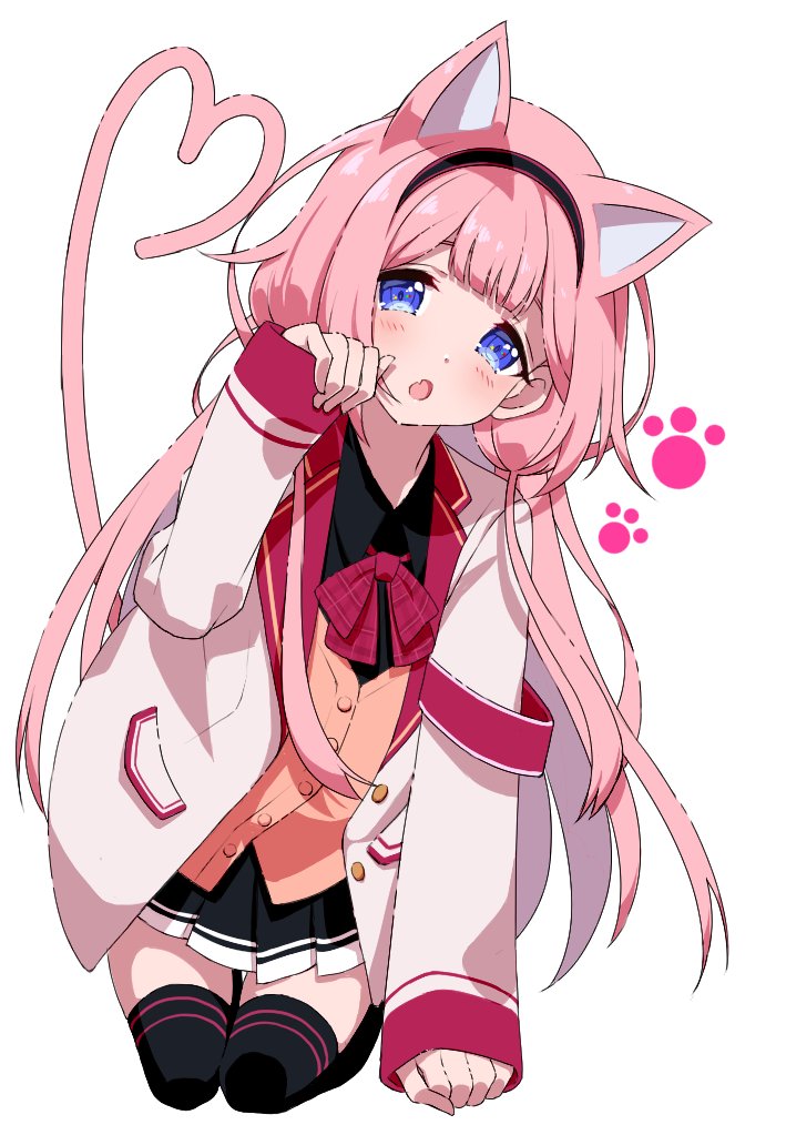 1girl animal_ears black_hairband black_shirt black_skirt black_thighhighs blue_eyes blush bow bowtie brown_cardigan cardigan cat_ears cat_girl cat_tail collared_shirt commentary_request hairband hand_up heart heart_tail jacket kemonomimi_mode kneeling long_hair long_sleeves looking_at_viewer nijisanji omas_lie open_clothes open_jacket open_mouth paw_pose pink_hair plaid_bow plaid_bowtie plaid_clothes pleated_skirt school_uniform selene_girls_school_uniform shirt simple_background skirt solo suo_sango suo_sango_(1st_costume) tail thighhighs virtual_youtuber white_background white_jacket