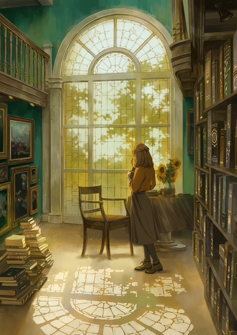 1girl baluster book hugging_book bookshelf brown_hair chair commentary dappled_sunlight english_commentary flower from_behind from_side holding holding_book indoors interior library medium_hair muntins hugging_object original painting_(object) picture_frame pile_of_books railing reengirl solo standing sunflower sunlight table vase window yellow_flower